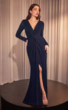 Formal Dresses Long Sleeve Formal Metallic Evening Dress Navy
