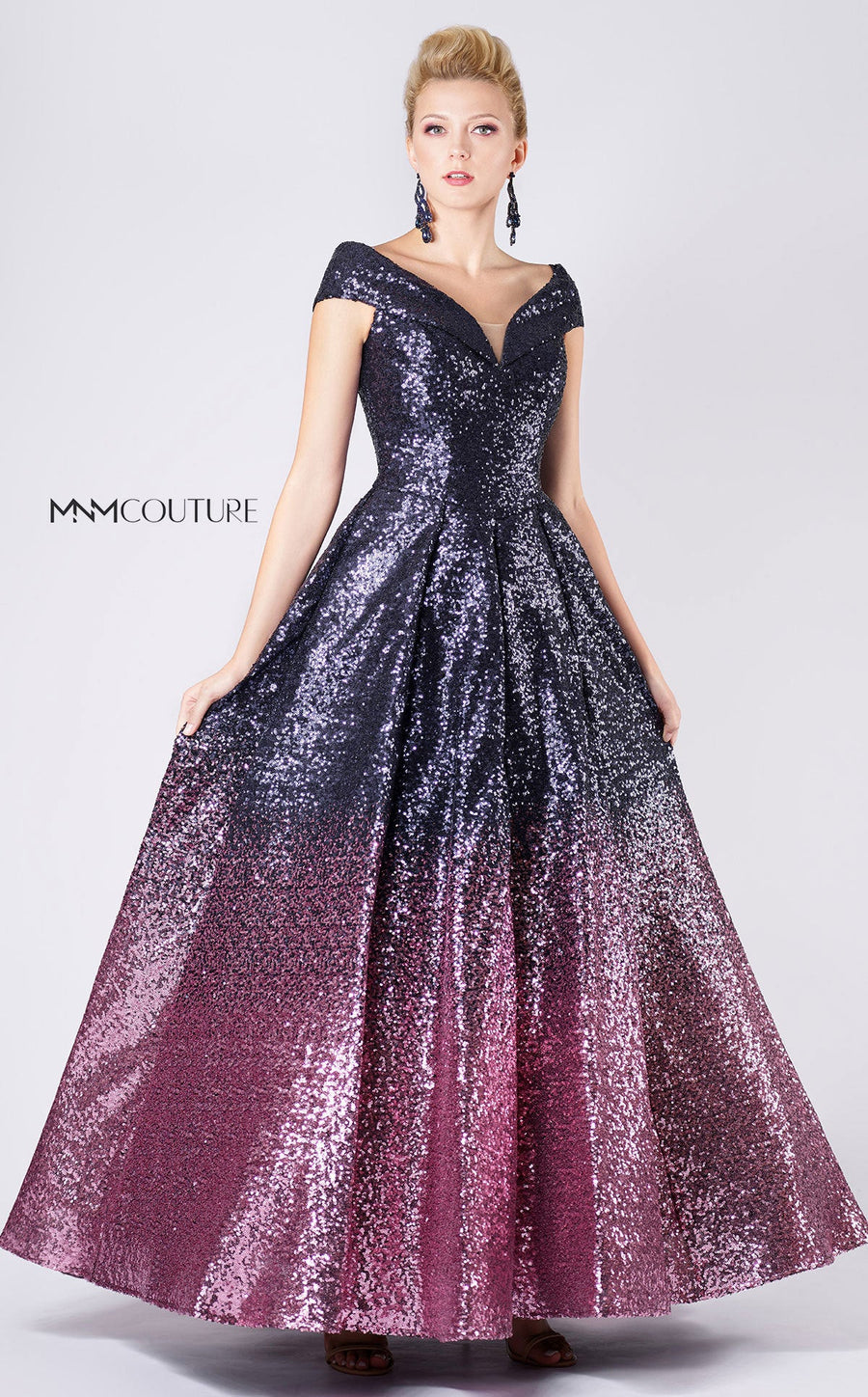 Formal Dresses Pleated A Line Long Formal Ombre Sequin Prom Dress Navy/Fuchsia