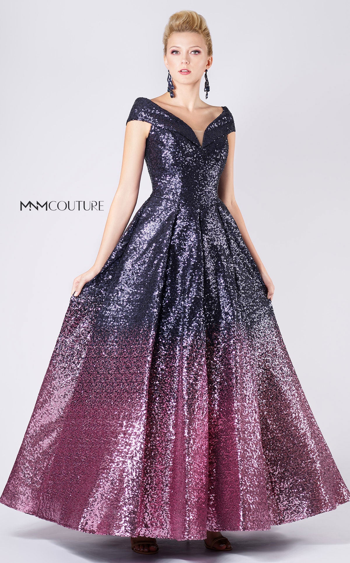 Formal Dresses Pleated A Line Long Formal Ombre Sequin Prom Dress Navy/Fuchsia