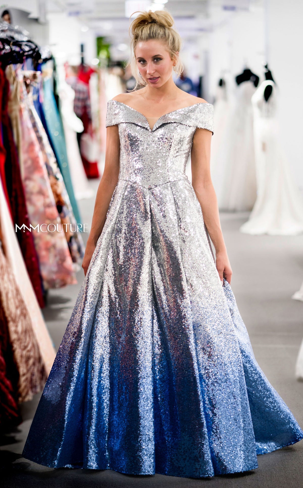 Formal Dresses Pleated A Line Long Formal Ombre Sequin Prom Dress Silver/Blue