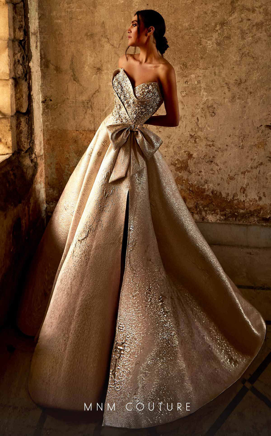 Formal Dresses Long Ball Gown Formal Beaded Slit Bow Evening Dress Gold