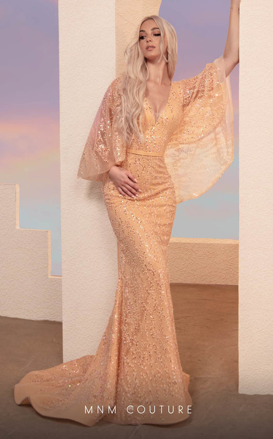 Formal Dresses Long Formal Beaded Sequin Evening Cape Dress Salmon
