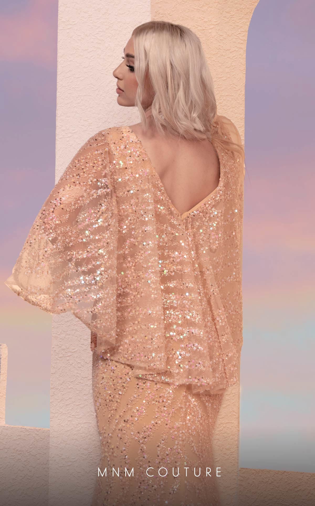 Formal Dresses Long Formal Beaded Sequin Evening Cape Dress Salmon