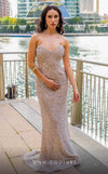 Prom Dresses Fitted Long Formal Sequin Beaded Prom Dress Beige Silver