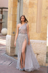 Prom Dresses M19026 Long A Line Formal Slit Prom Dress Silver