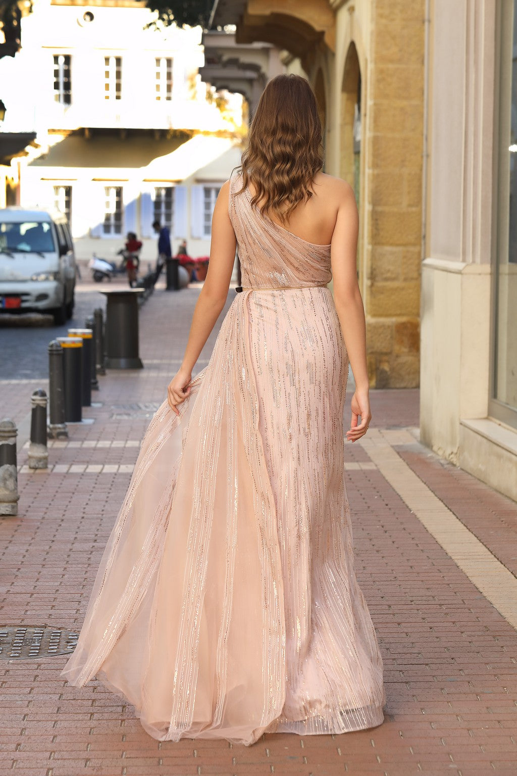 Prom Dresses M19026 Long A Line Formal Slit Prom Dress Rose Gold