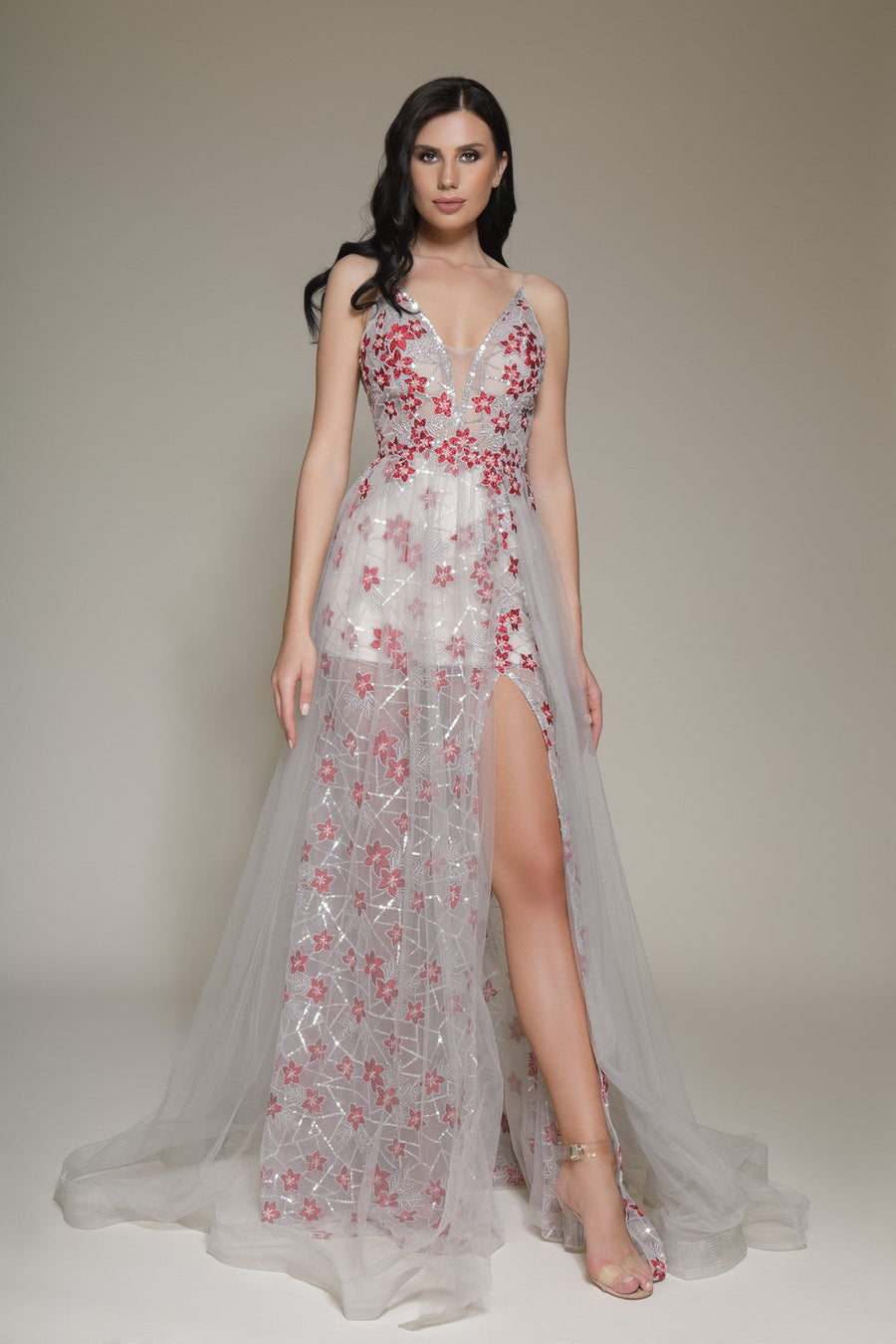 Prom Dresses Formal Long Floral Slit Prom Dress Grey Red