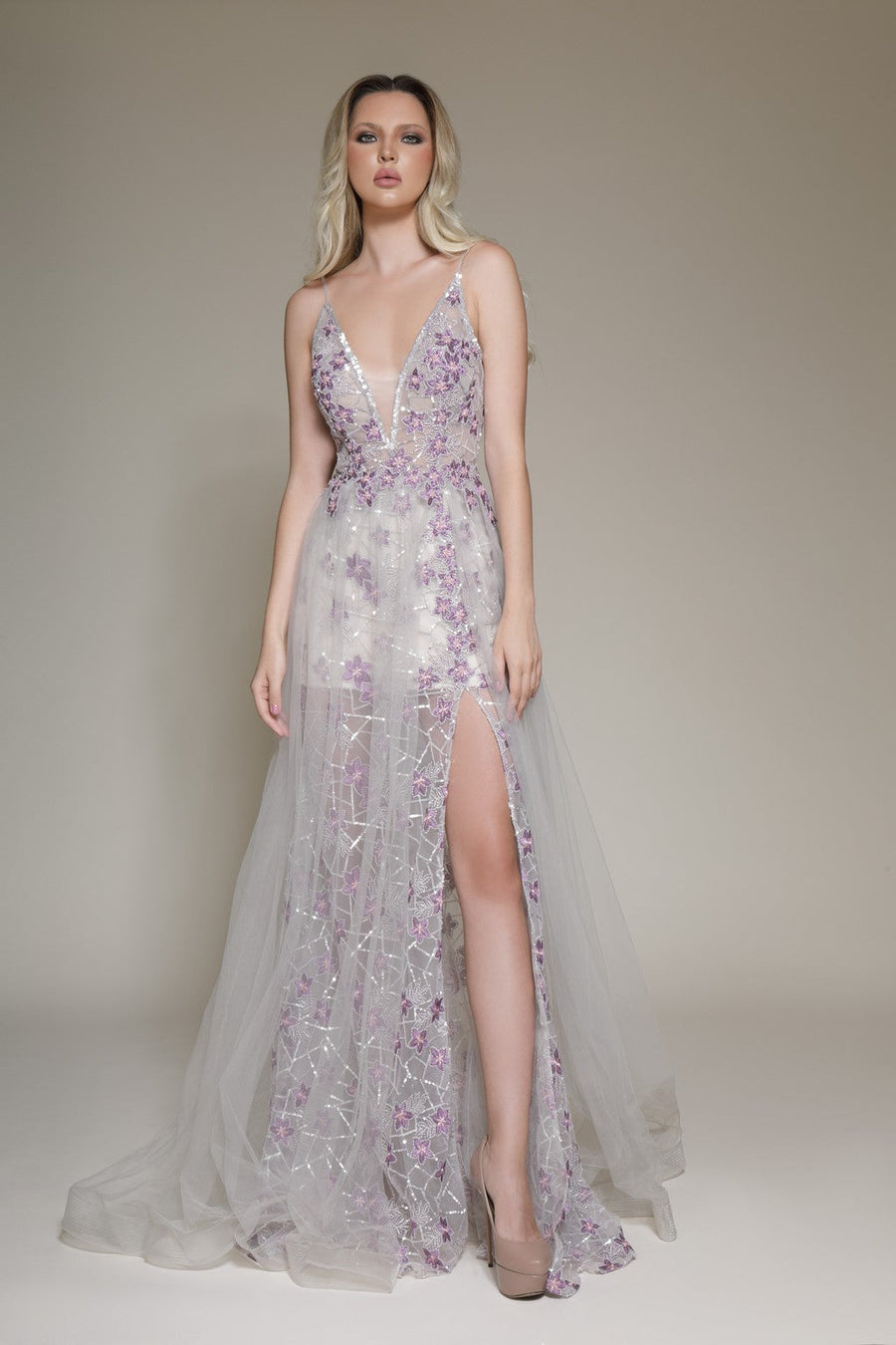 Prom Dresses Formal Long Floral Slit Prom Dress Lavender