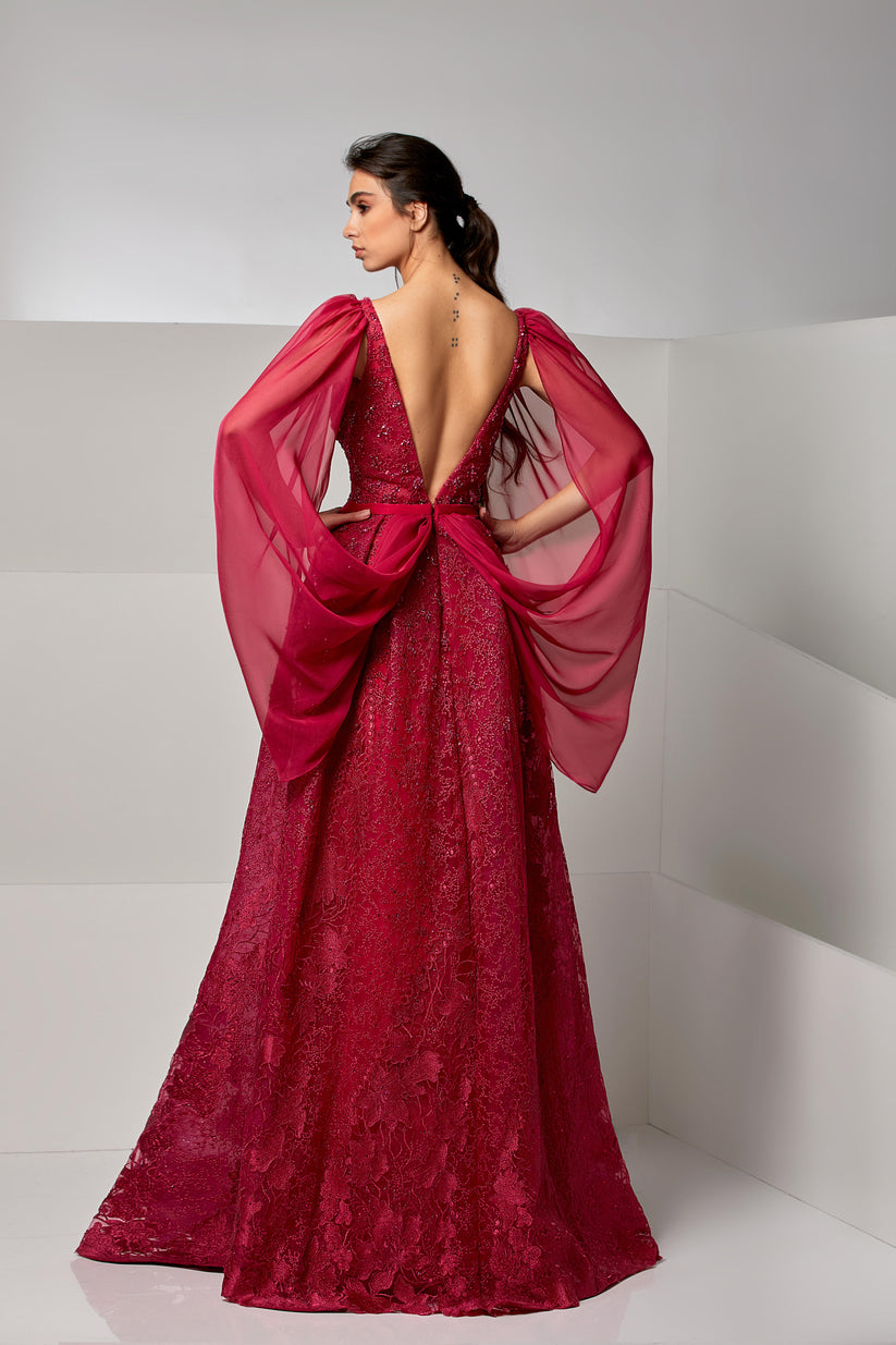 Formal Dresses A Line Long Lace Floral Formal Evening Dress Red