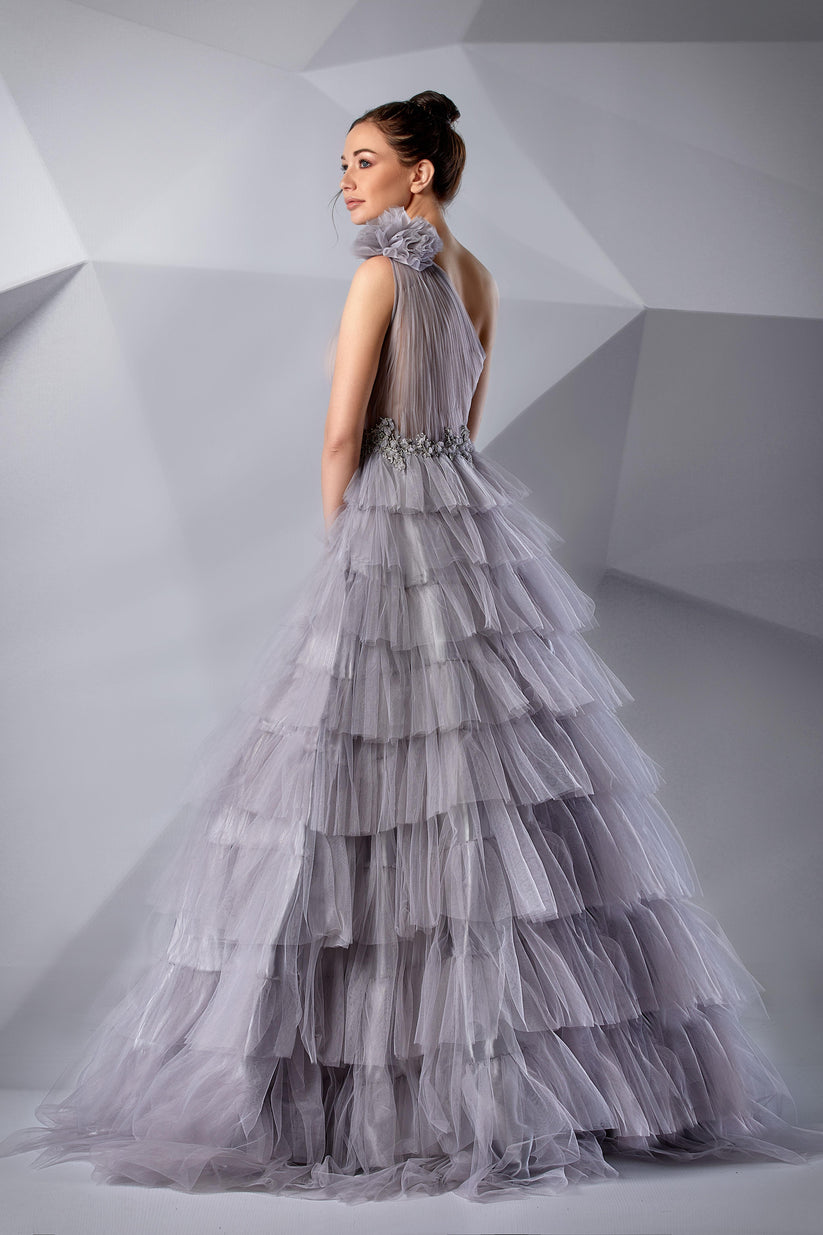 Prom Dresses Beaded Formal Long Layered Prom Dress Minimal Gray