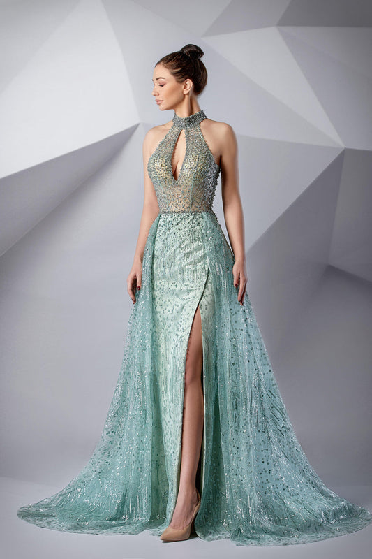 Prom Dresses Long Beaded Formal High Slit Prom Dress Frosty Green
