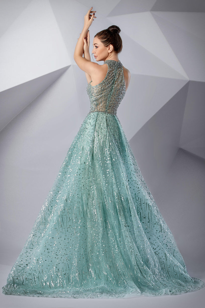 Prom Dresses Long Beaded Formal High Slit Prom Dress Frosty Green
