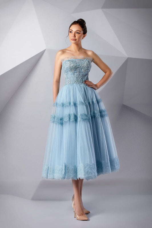 Prom Dresses Formal Tea Length Beaded Prom Dress Dream Blue
