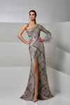 Prom Dresses Beaded Long Formal Slit Feather Prom Dress Greige