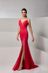 Prom Dresses Fitted Long Formal Beaded Prom High Slit Dress Fuchsia Purple