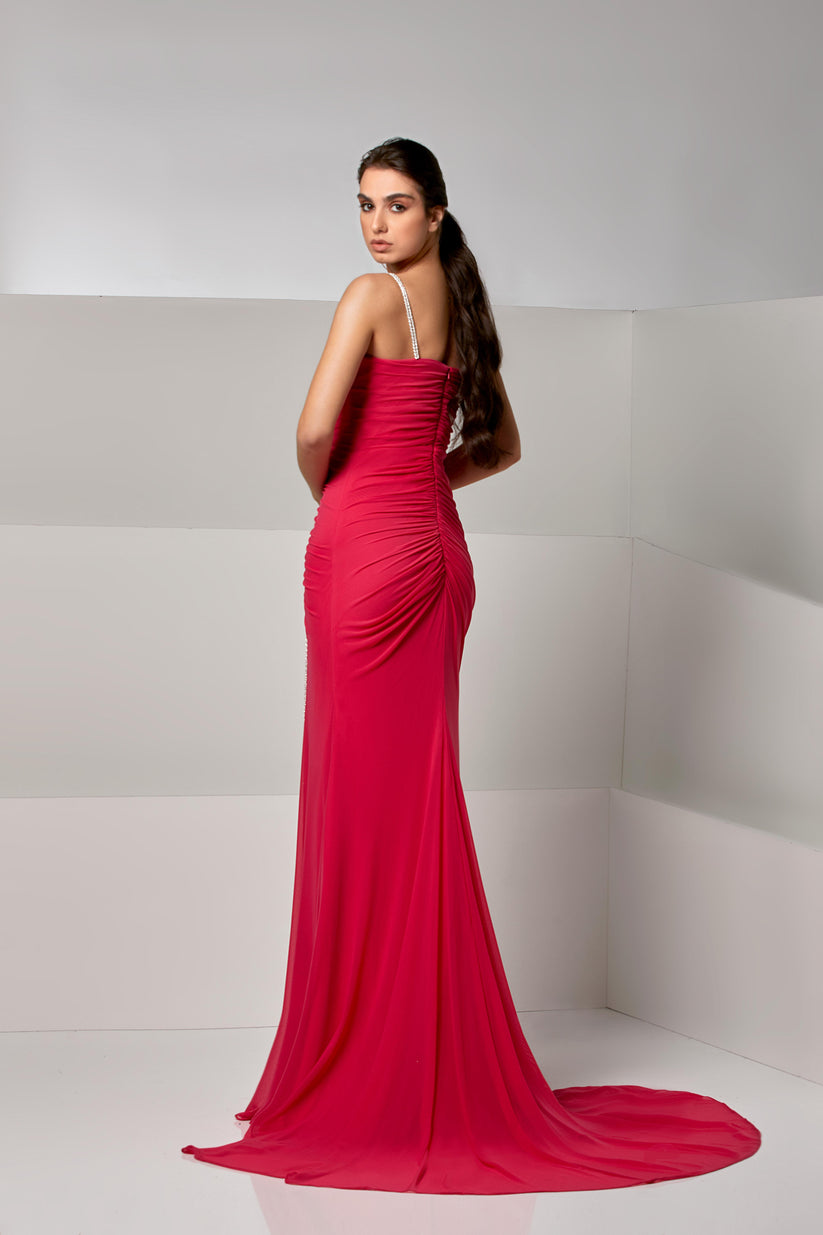 Prom Dresses Fitted Long Formal Beaded Prom High Slit Dress Fuchsia Purple
