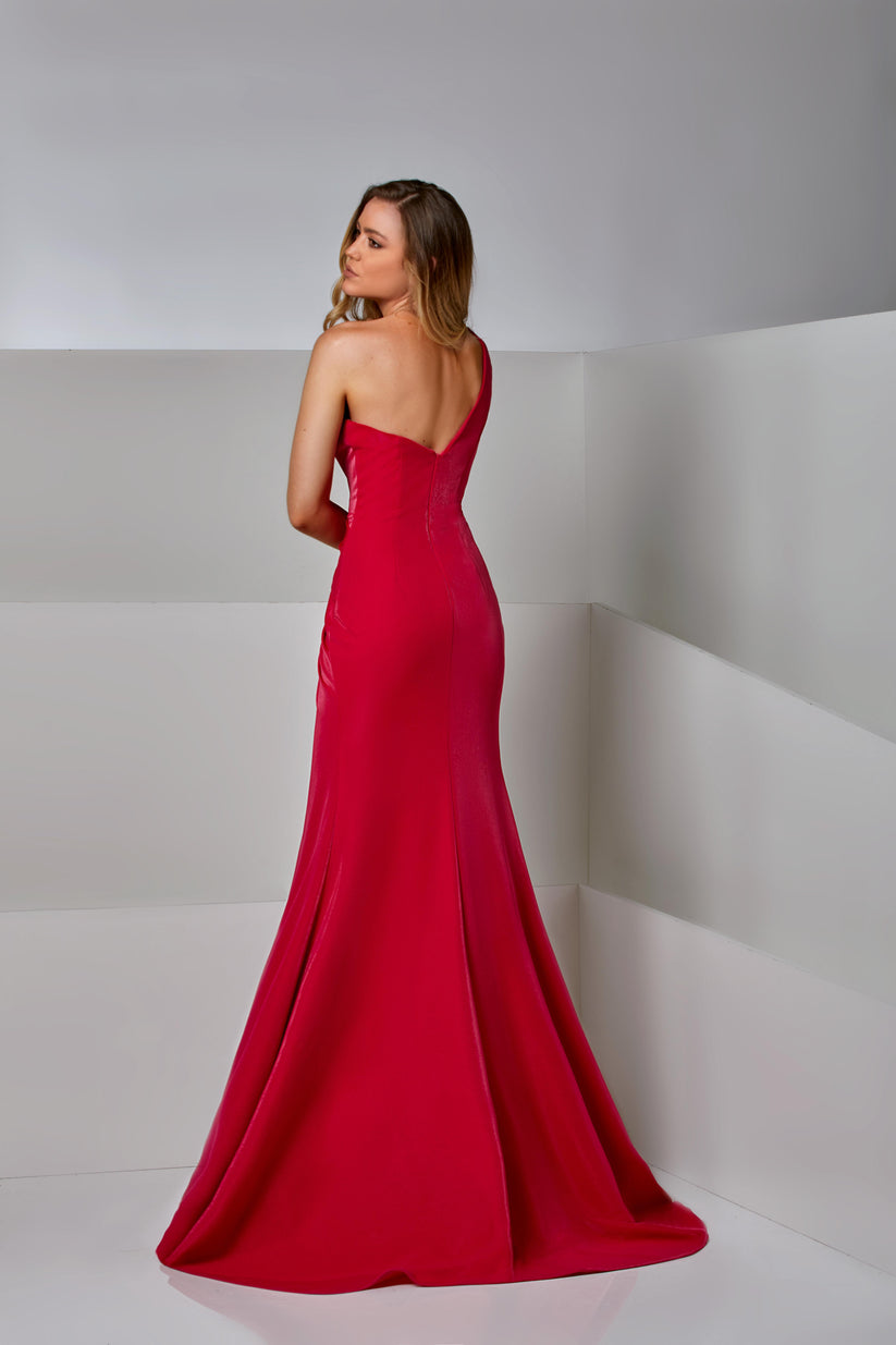 Prom Dresses Fitted Long High Slit Formal Prom Pleated Dress Fuchsia Red