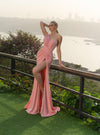 Prom Dresses Fitted Long High Slit Formal Prom Pleated Dress Pink