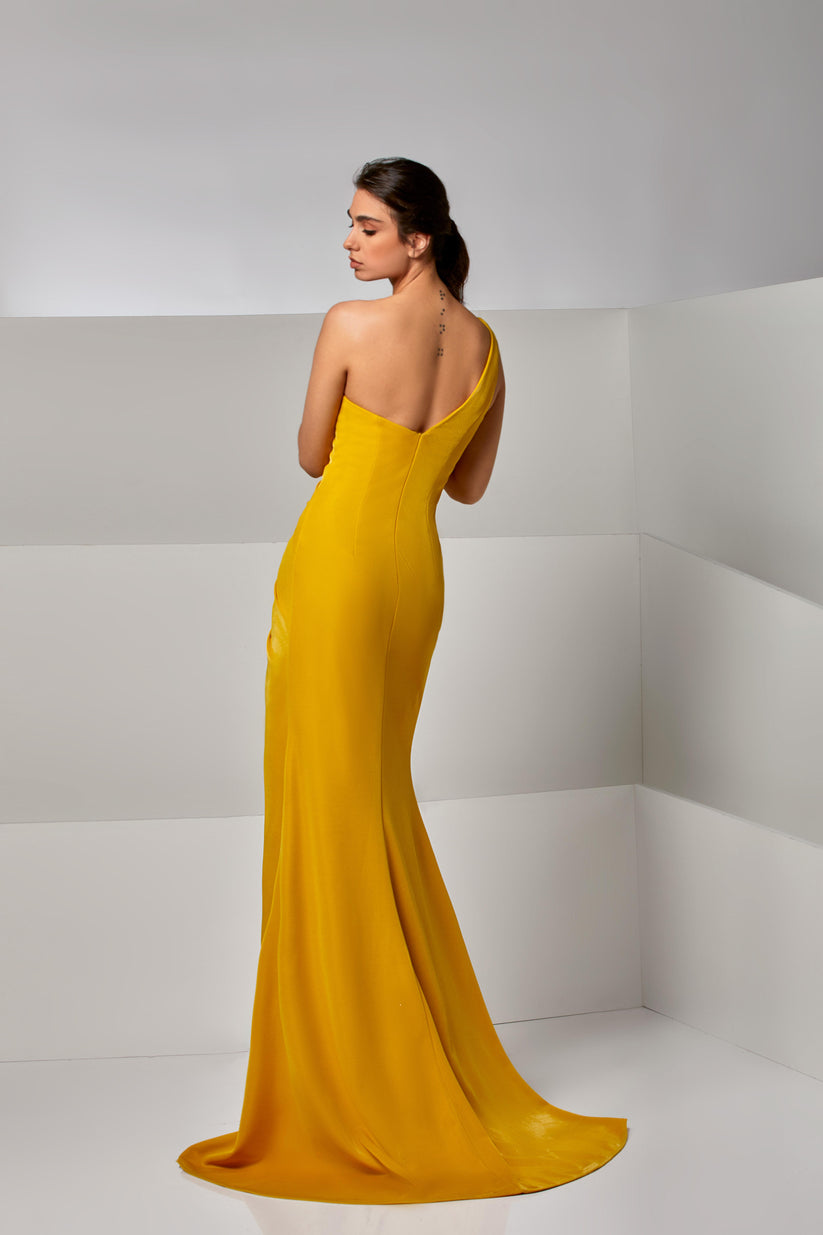 Prom Dresses Fitted Long High Slit Formal Prom Pleated Dress Yellow
