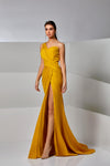 Prom Dresses Fitted Long High Slit Formal Prom Pleated Dress Yellow