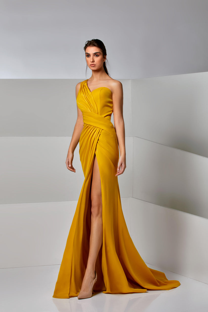 Prom Dresses Fitted Long High Slit Formal Prom Pleated Dress Yellow