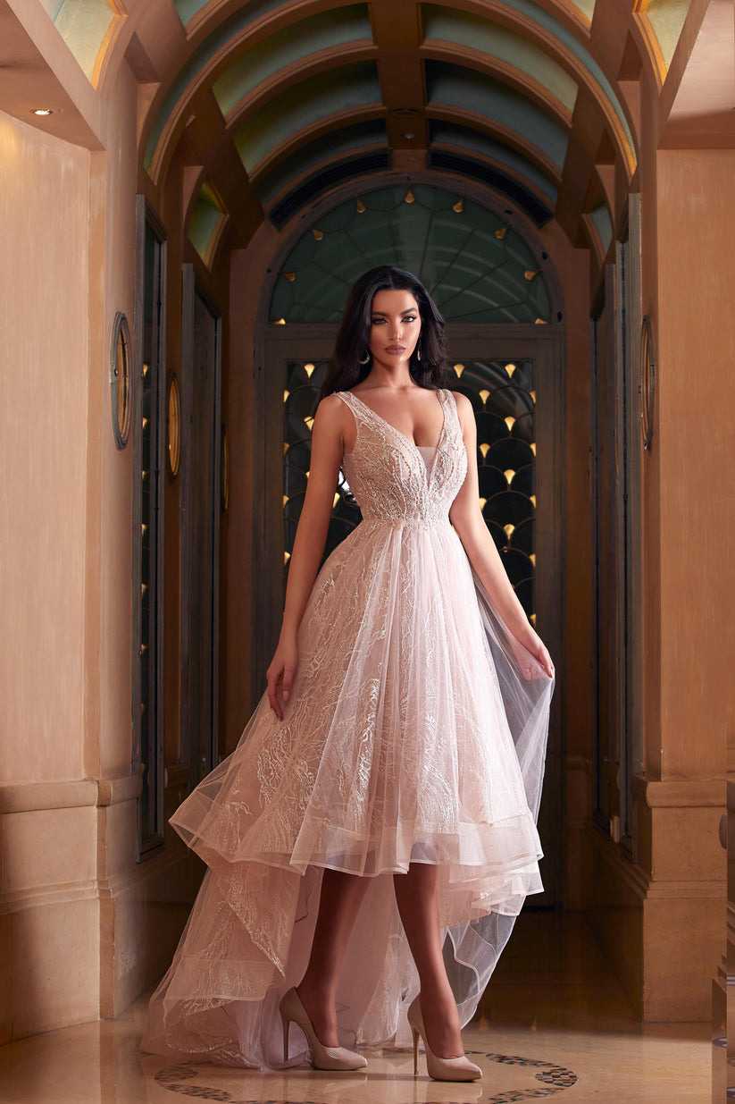 Prom Dresses High Low Formal Beaded Prom Dress Crystal Pink