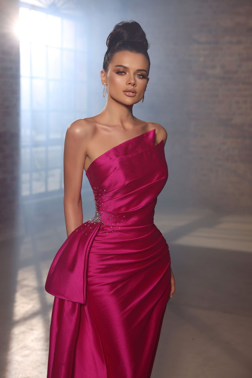 Prom Dresses Long Formal Slit Pleated Prom Dress Fuchsia