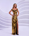 Prom Dresses Formal Long Slit Metallic Prom Dress Rich Gold