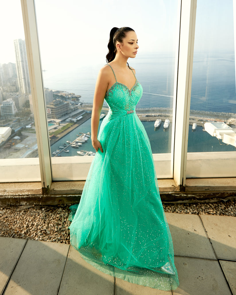 Prom Dresses Beaded Long Prom Formal Pleated Dress Ocean Green