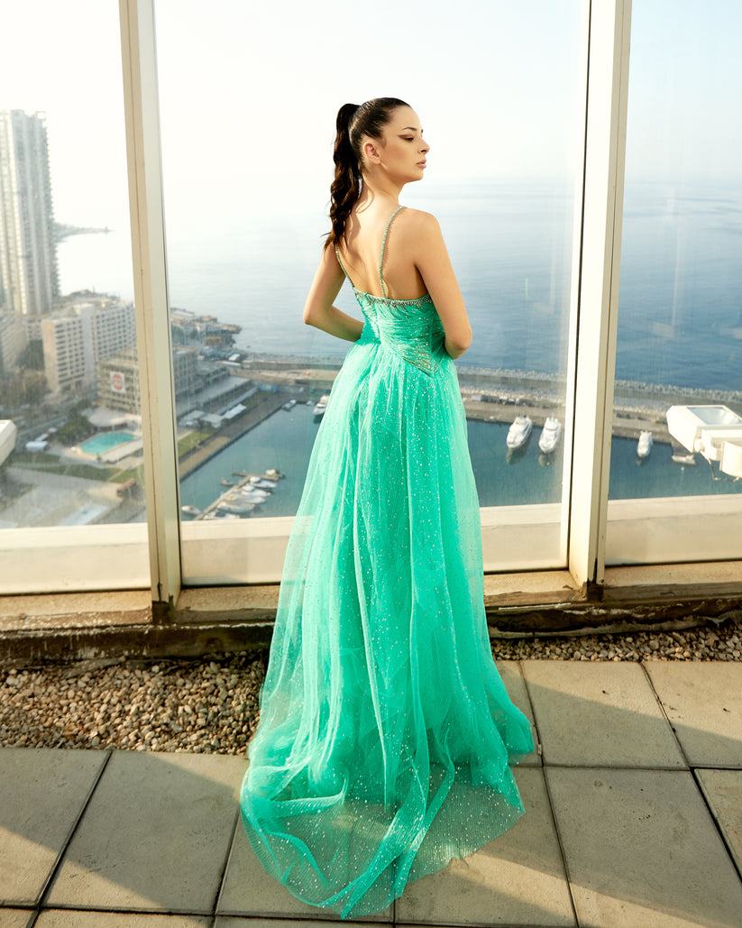 Prom Dresses Beaded Long Prom Formal Pleated Dress Ocean Green
