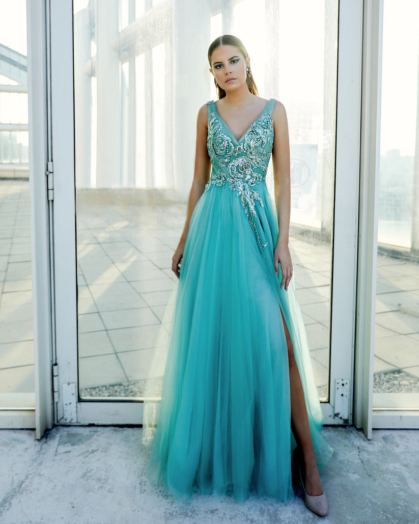 Prom Dresses Long Beaded Slit Formal Prom Dress Sage