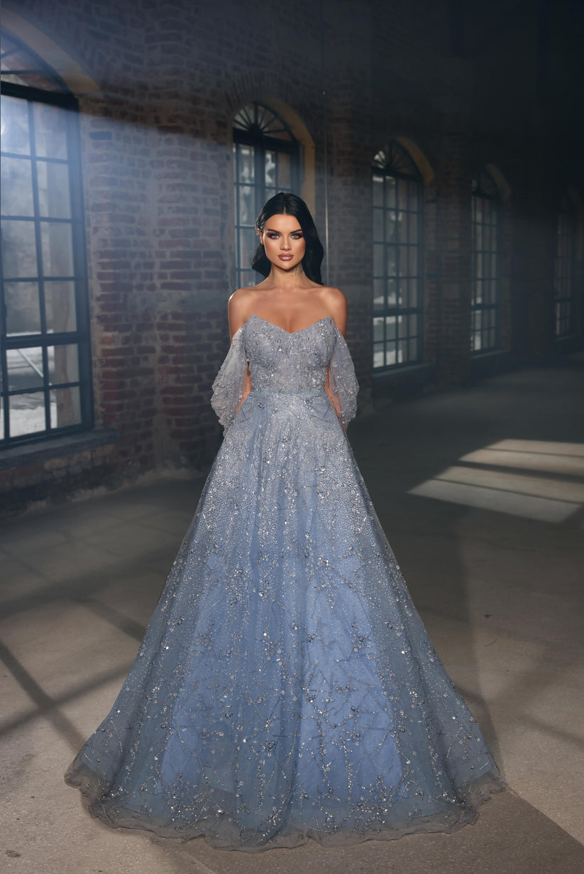 Prom Dresses A Line Long Prom Formal Beaded Dress Blue