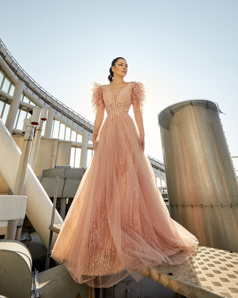 Formal Dresses A Line Long Formal Prom Floral Dress Misty Rose