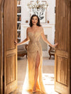 Prom Dresses Beaded Long Slit Formal Prom Dress Gold