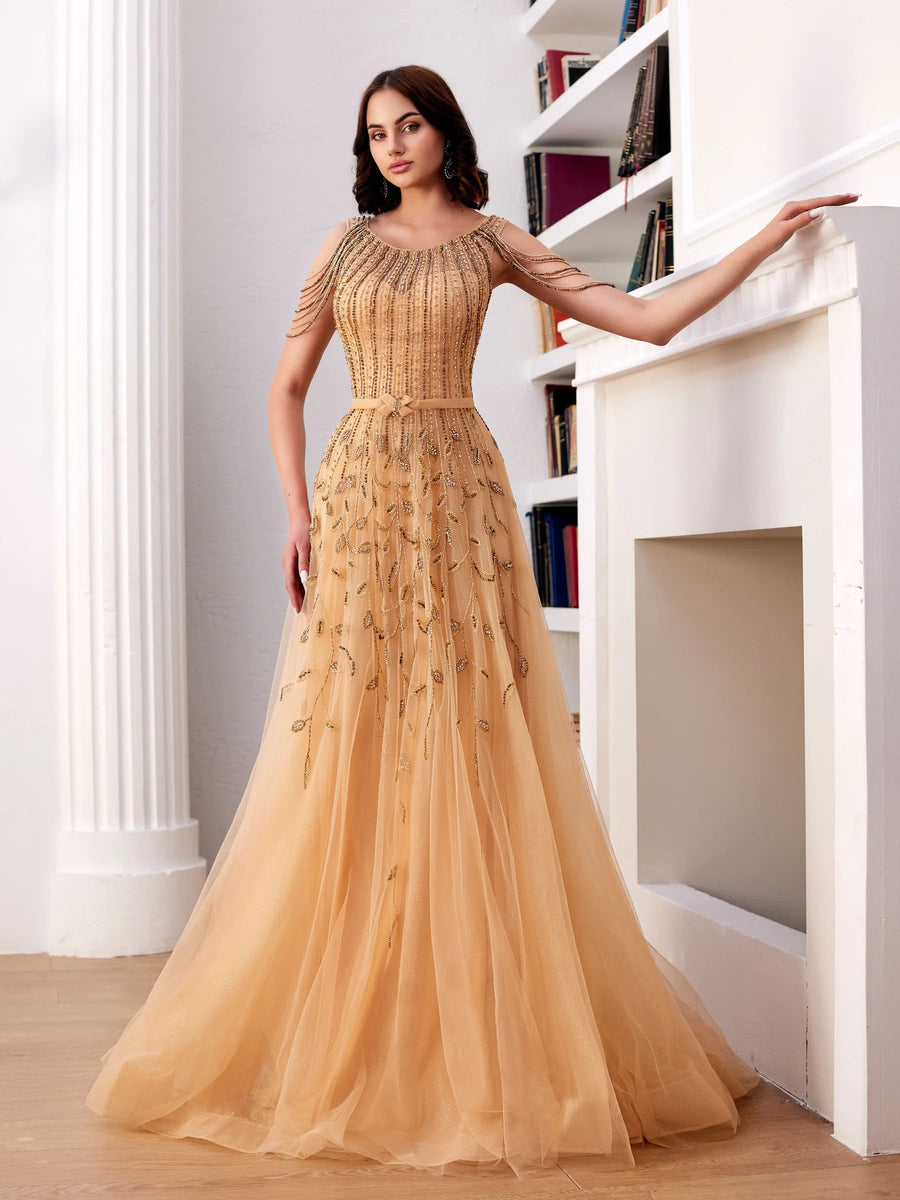 Prom Dresses Long Ball Gown Beaded Formal Prom Dress Gold