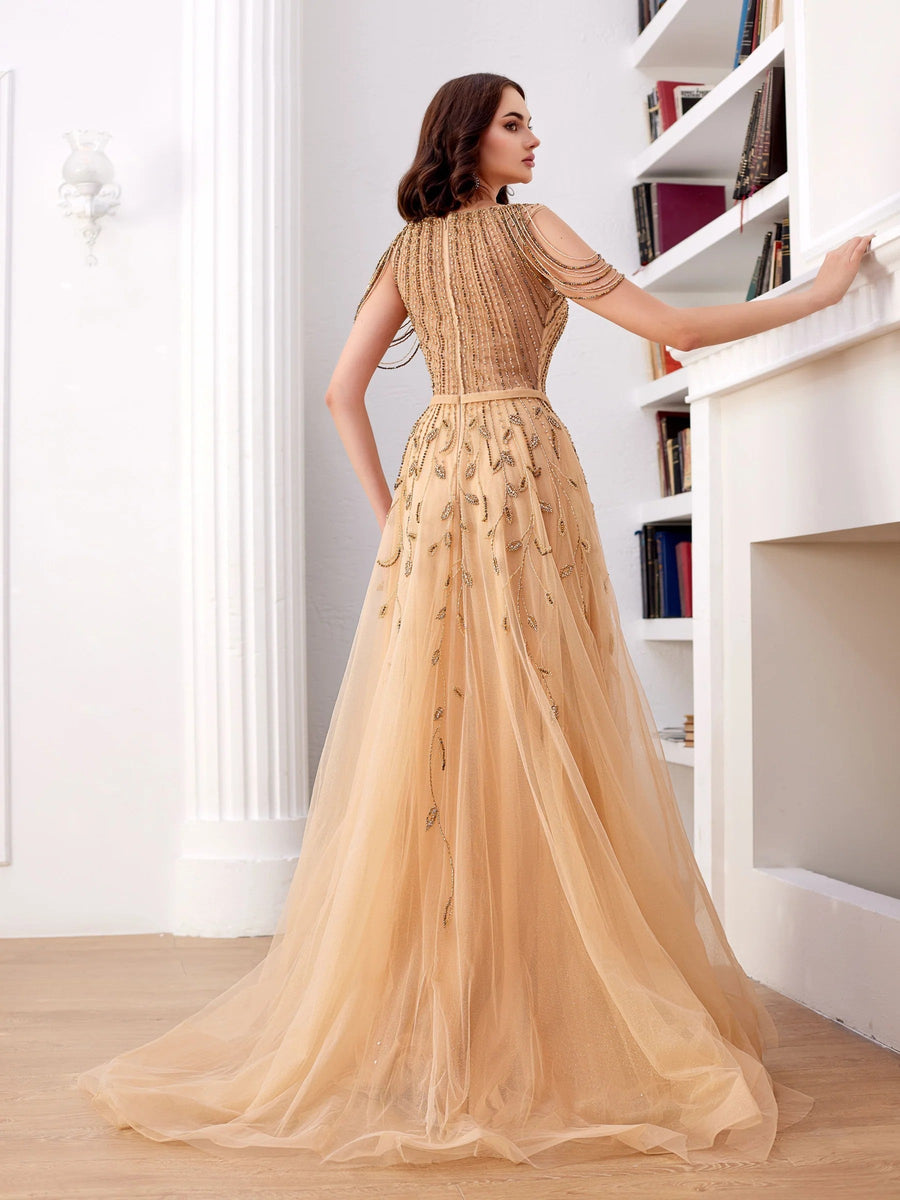 Prom Dresses Long Ball Gown Beaded Formal Prom Dress Gold