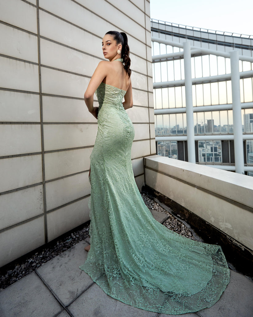 Prom Dresses Beaded Slit Long Lace Prom Formal Dress Light Green