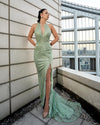 Prom Dresses Beaded Slit Long Lace Prom Formal Dress Light Green