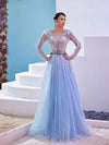 Formal Dresses A Line Long Sleeve Formal Sequin Evening Dress Sky Blue