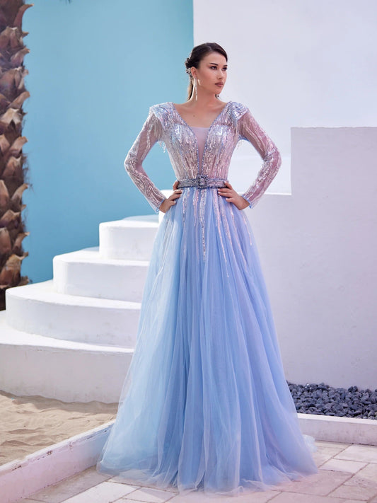 Formal Dresses A Line Long Sleeve Formal Sequin Evening Dress Sky Blue