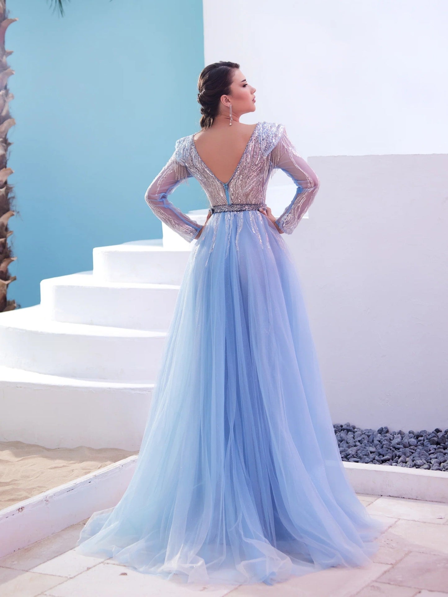 Formal Dresses A Line Long Sleeve Formal Sequin Evening Dress Sky Blue