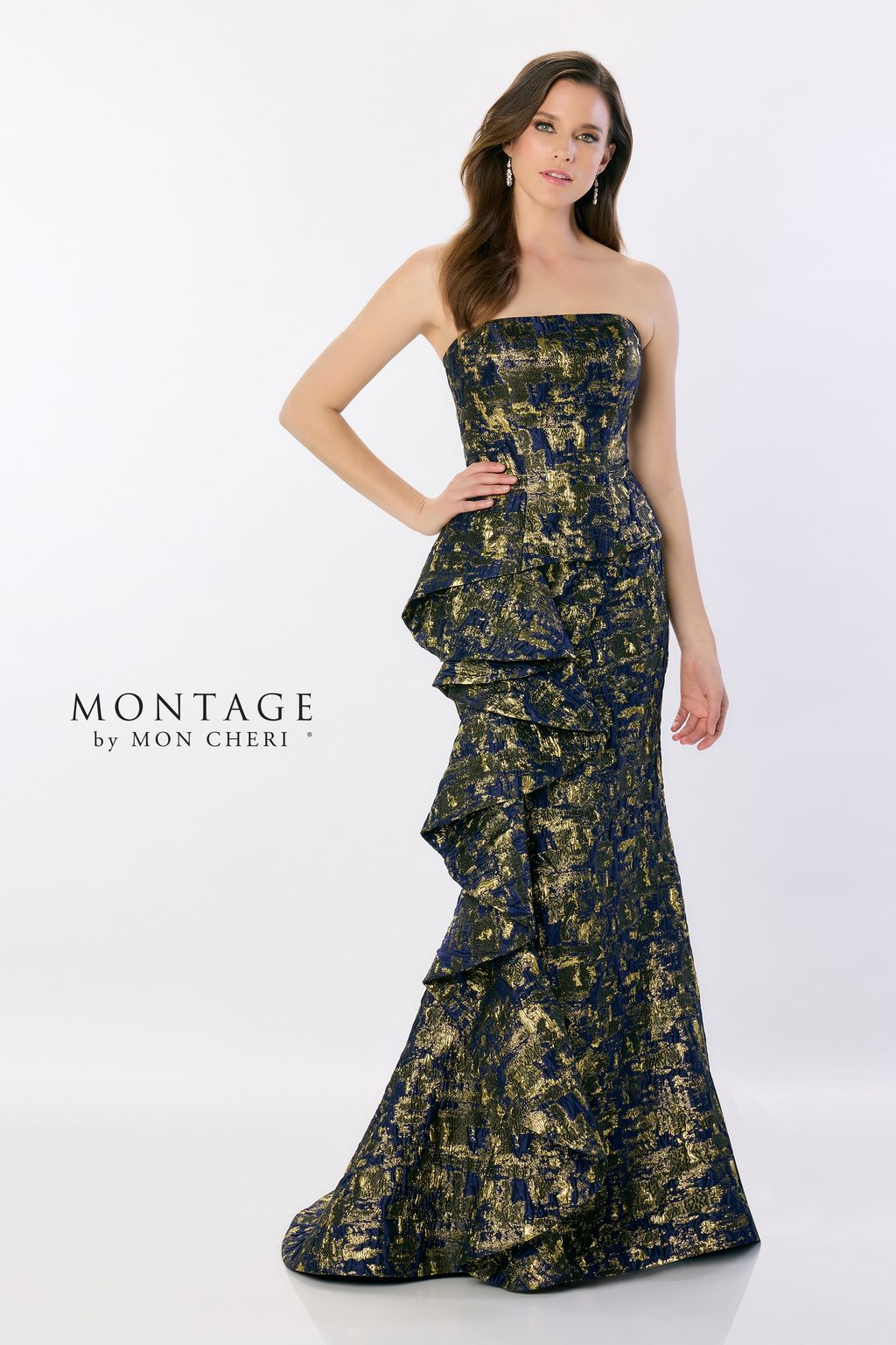 Formal Dresses Ruffle Detail Long Formal Mermaid Gown Metallic Evening Dress  Navy Gold