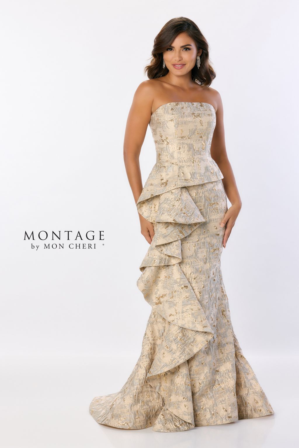 Formal Dresses Ruffle Detail Long Formal Mermaid Gown Metallic Evening Dress  Pewter Gold