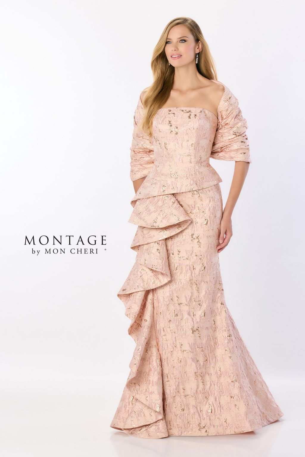 Formal Dresses Ruffle Detail Long Formal Mermaid Gown Metallic Evening Dress  Rose Gold