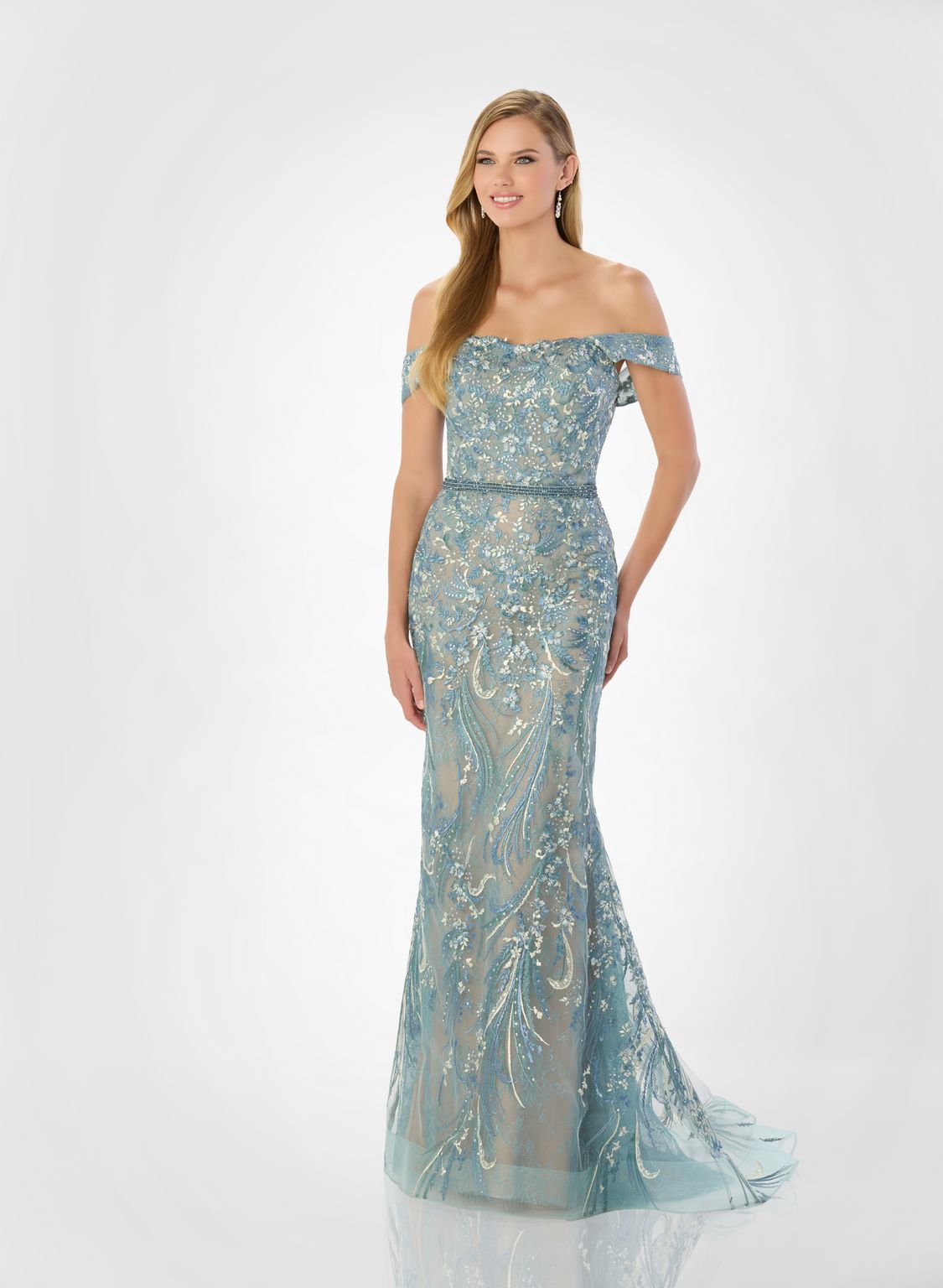 Formal Dresses Long Lace Mermaid Beaded Belt Formal Dress Aqua