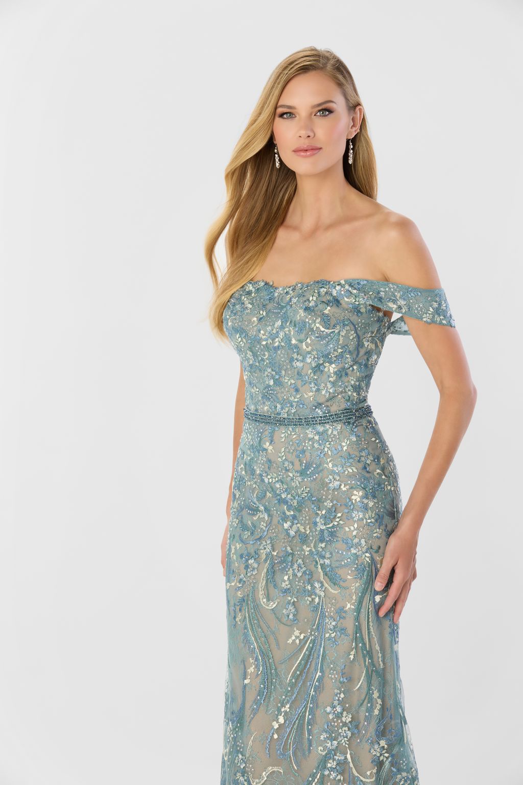 Formal Dresses Long Lace Mermaid Beaded Belt Formal Dress Aqua