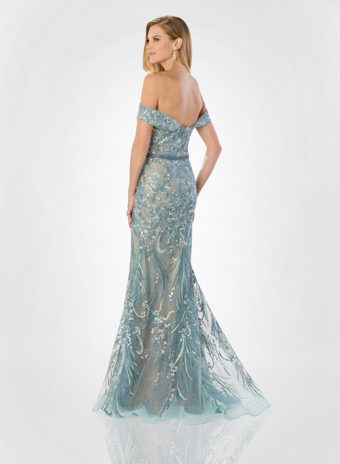 Formal Dresses Long Lace Mermaid Beaded Belt Formal Dress Aqua