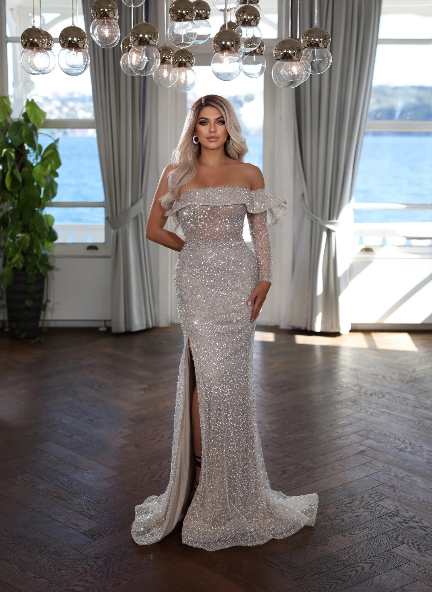 Prom Dresses Long Formal Beaded Slit Prom Dress Beige