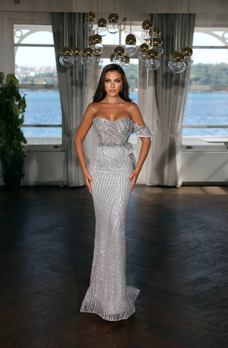 Prom Dresses Long Fitted Formal Beaded Evening Porm Dress Silver
