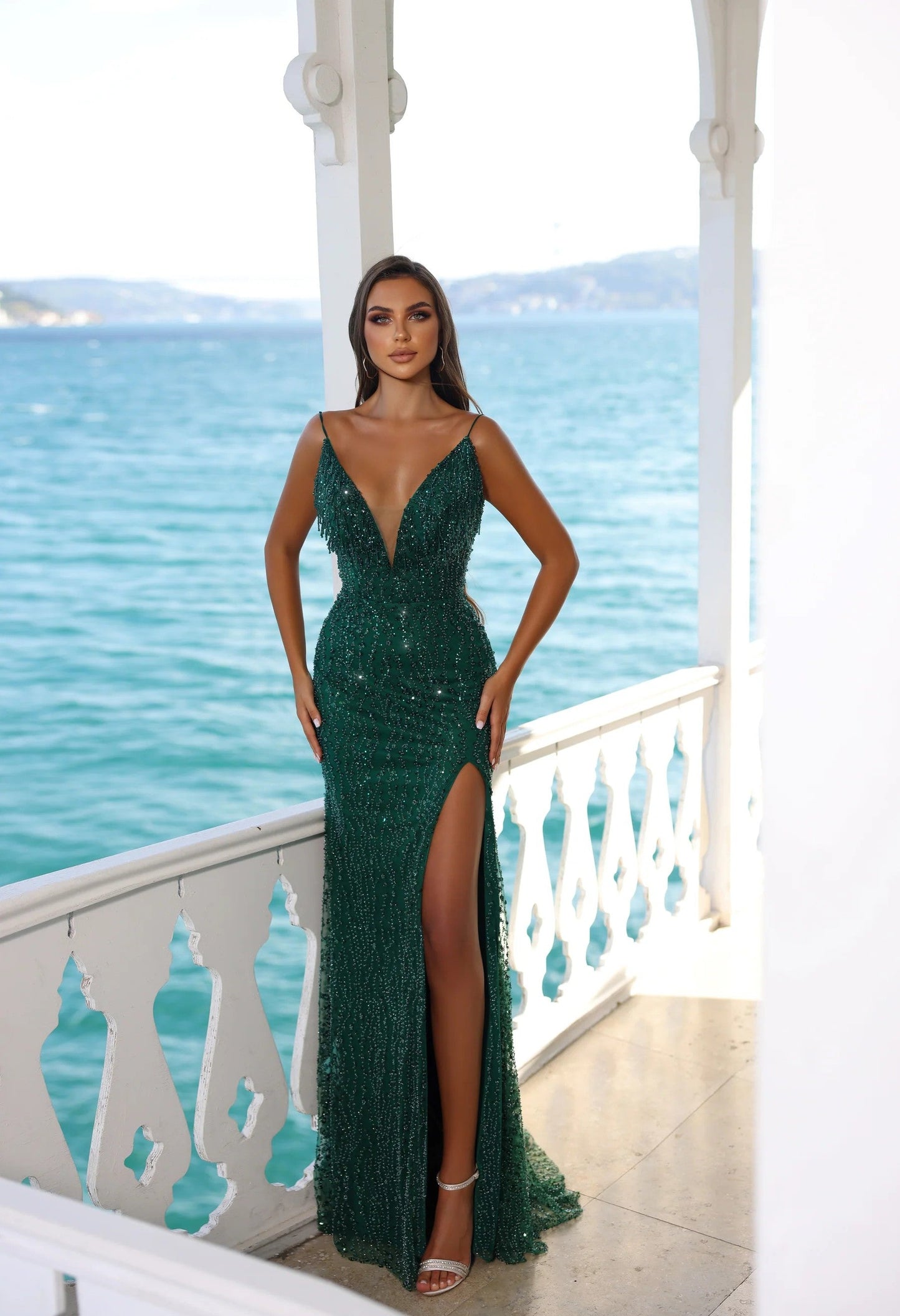 Prom Dresses Beaded Long Formal Slit Prom Dress Ever Green